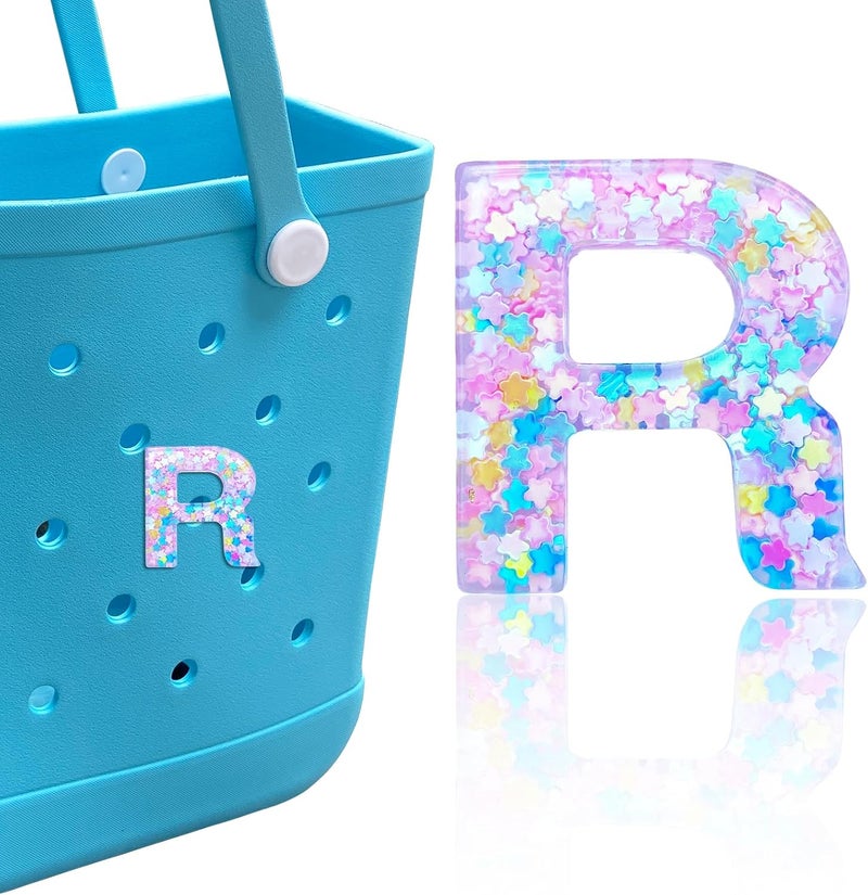 HLUWA Letter Charms for Bogg Bag, Alphabet Pink Star Sequin Lettering Accessories Charms for Bogg and Simply Southern Bag, Insert Decorative Letters Charm for Handbag Beach Tote Bag. - Image 1